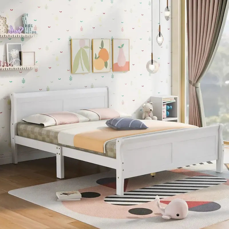 Plattformbett aus Holz in voller Größe mit Kopfteil und Lattenrost, minimalistisches Design fürs Schlafzimmer