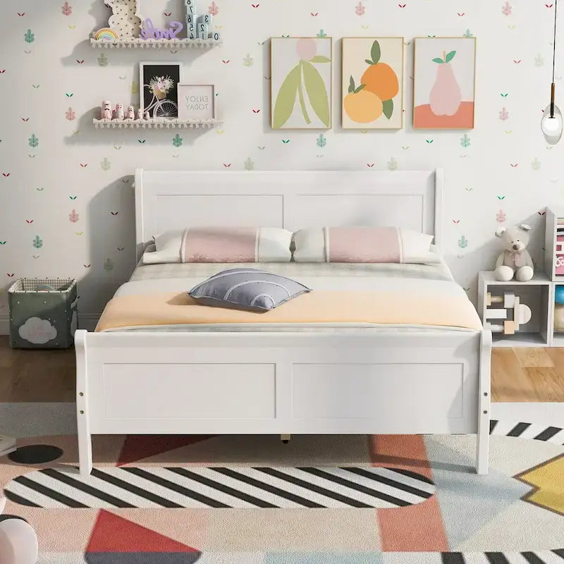 Plattformbett aus Holz in voller Größe mit Kopfteil und Lattenrost, minimalistisches Design fürs Schlafzimmer