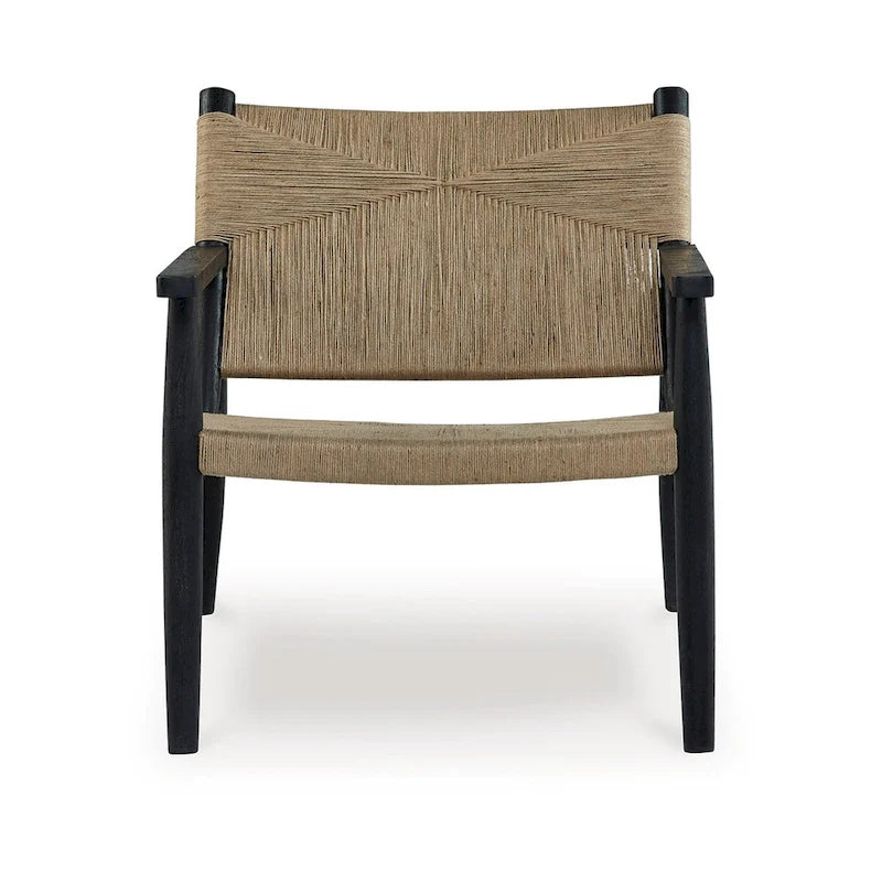 Fauteuil d’appoint en jute brun naturel, assise incurvée, cadre moderne en bois noir