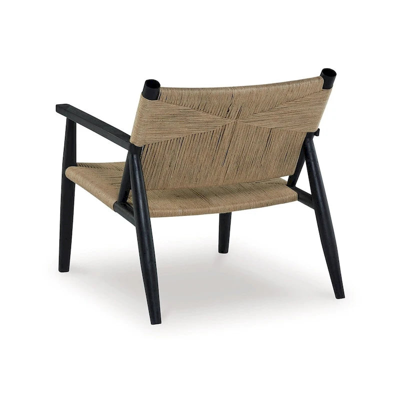 Fauteuil d’appoint en jute brun naturel, assise incurvée, cadre moderne en bois noir