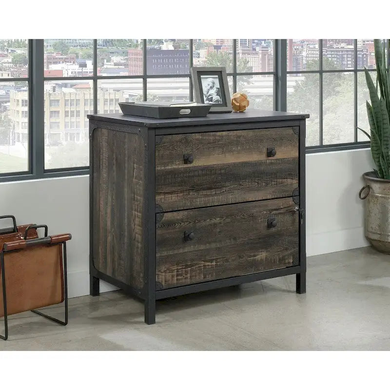Gabinete de almacenamiento industrial de madera rústica, cómoda de 2 cajones con estructura de metal negro