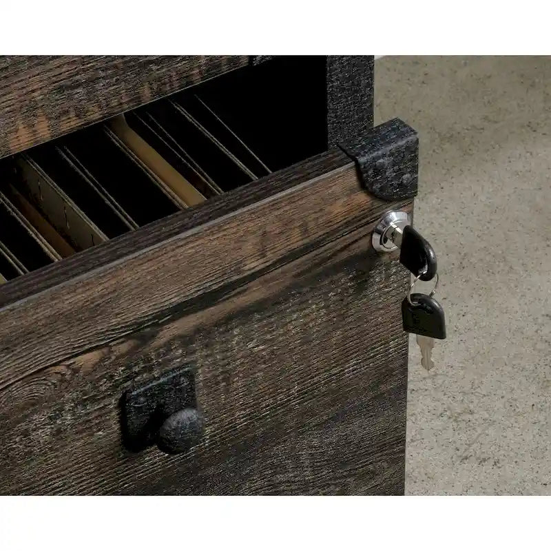 Gabinete de almacenamiento industrial de madera rústica, cómoda de 2 cajones con estructura de metal negro