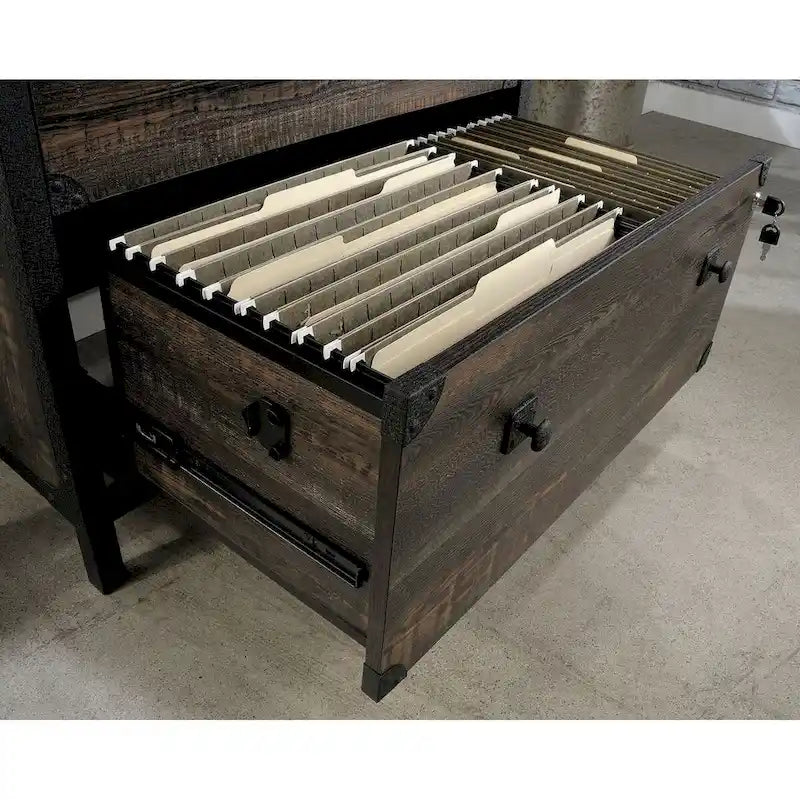 Gabinete de almacenamiento industrial de madera rústica, cómoda de 2 cajones con estructura de metal negro